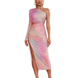 AMAZING MAE Rainbow Rhinestone Cutout Midi Dress